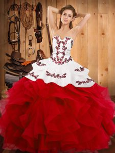 White And Red Satin and Organza Lace Up Strapless Sleeveless Floor Length Sweet 16 Dresses Embroidery and Ruffles