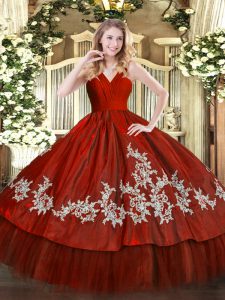 Lovely Wine Red Quince Ball Gowns Military Ball and Sweet 16 and Quinceanera with Embroidery V-neck Sleeveless Zipper