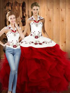Beautiful Two Pieces Vestidos de Quinceanera Wine Red Halter Top Satin and Organza Sleeveless Floor Length Lace Up