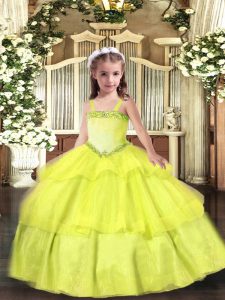Stunning Yellow Ball Gowns Straps Sleeveless Organza Floor Length Lace Up Appliques and Ruffled Layers Girls Pageant Dre