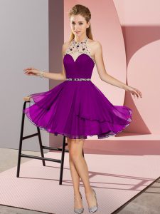 Most Popular Sleeveless Mini Length Beading Zipper Prom Gown with Dark Purple