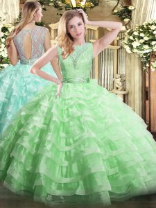 Vintage Lace and Ruffled Layers Sweet 16 Dress Apple Green Backless Sleeveless Floor Length