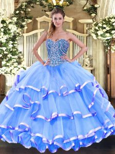 Floor Length Lace Up Quinceanera Gown Baby Blue for Military Ball and Sweet 16 and Quinceanera with Beading and Ruffled 