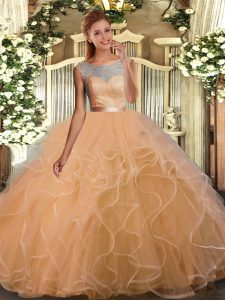 Sleeveless Organza Floor Length Backless Vestidos de Quinceanera in Gold with Lace and Ruffles