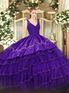 Organza and Taffeta Sleeveless Floor Length Quinceanera Gowns and Beading and Lace and Embroidery and Ruffled Layers