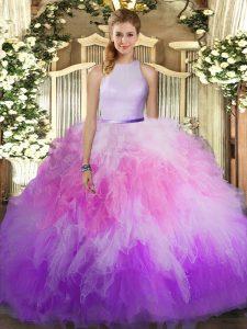Glittering Multi-color Backless High-neck Ruffles Ball Gown Prom Dress Tulle Sleeveless