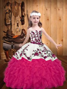 Hot Pink Ball Gowns Straps Sleeveless Organza Floor Length Lace Up Embroidery and Ruffles Little Girls Pageant Dress