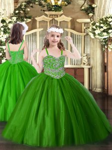 Green Tulle Lace Up Little Girls Pageant Dress Wholesale Sleeveless Floor Length Beading
