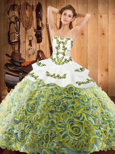 Customized Sleeveless Satin and Fabric With Rolling Flowers With Train Sweep Train Lace Up Quinceanera Gowns in Multi-co