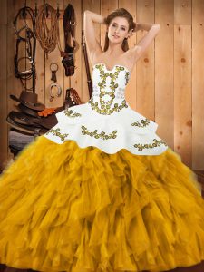 Stunning Floor Length Gold Sweet 16 Quinceanera Dress Satin and Organza Sleeveless Embroidery and Ruffles
