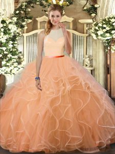 Extravagant Ruffles Vestidos de Quinceanera Peach Backless Sleeveless Floor Length