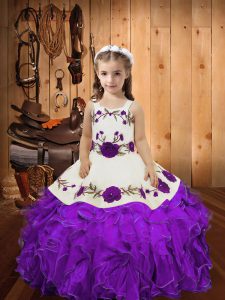 Elegant Eggplant Purple Straps Lace Up Embroidery and Ruffles Child Pageant Dress Sleeveless