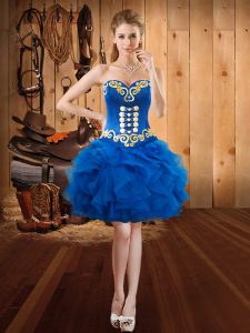 Royal Blue Organza Lace Up Prom Dresses Sleeveless Mini Length Embroidery and Ruffles