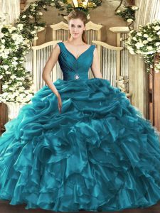 Top Selling V-neck Sleeveless 15 Quinceanera Dress Floor Length Beading and Ruffles Teal Organza