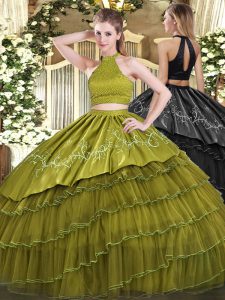 Glorious Olive Green Backless Halter Top Beading and Embroidery and Ruffled Layers Vestidos de Quinceanera Organza Sleev