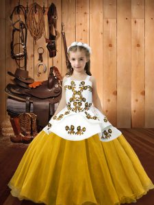 Gold Lace Up Little Girl Pageant Gowns Embroidery Sleeveless Floor Length