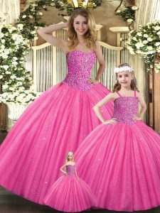 Latest Hot Pink Sleeveless Tulle Lace Up Sweet 16 Dress for Military Ball and Sweet 16 and Quinceanera
