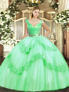 Glittering Floor Length Zipper Sweet 16 Dresses Apple Green for Military Ball and Sweet 16 and Quinceanera with Beading 