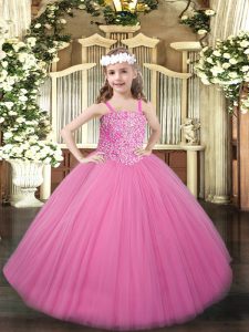 Rose Pink Straps Lace Up Beading Girls Pageant Dresses Sleeveless