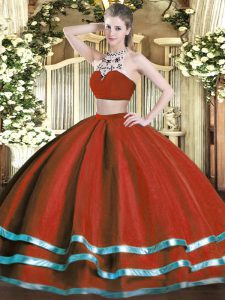 Comfortable Sleeveless Tulle Floor Length Backless Vestidos de Quinceanera in Wine Red with Beading
