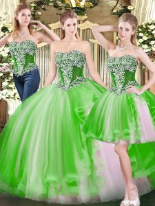 Noble Ball Gowns Tulle Strapless Sleeveless Beading Floor Length Lace Up Quince Ball Gowns