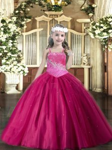 Fuchsia Straps Neckline Beading Kids Pageant Dress Sleeveless Lace Up