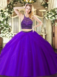 Fitting Purple Sleeveless Floor Length Beading and Ruching Zipper Quince Ball Gowns