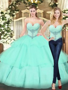 Apple Green Sleeveless Organza Lace Up Quince Ball Gowns for Military Ball and Sweet 16 and Quinceanera