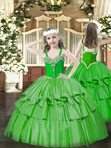 Floor Length Green Pageant Dress for Teens Straps Sleeveless Lace Up