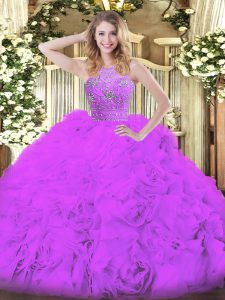 Sleeveless Tulle Floor Length Zipper 15th Birthday Dress in Eggplant Purple with Beading and Ruffles