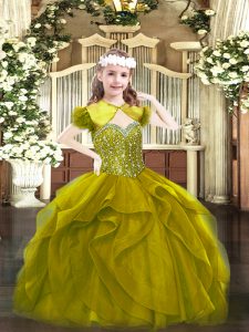 Graceful Beading and Ruffles Little Girl Pageant Dress Olive Green Lace Up Sleeveless Floor Length
