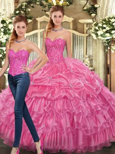 Enchanting Rose Pink Organza Lace Up Sweetheart Sleeveless Floor Length Quinceanera Dress Beading and Ruffles