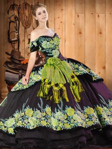 Extravagant Floor Length Black Sweet 16 Dresses Organza Short Sleeves Embroidery and Hand Made Flower