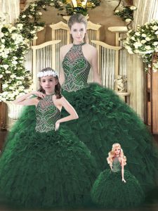 Dark Green Sleeveless Organza Lace Up Sweet 16 Dresses for Military Ball and Sweet 16 and Quinceanera