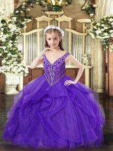 High Class Eggplant Purple Sleeveless Beading and Ruffles Floor Length Pageant Gowns For Girls