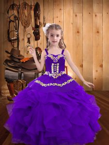 Eggplant Purple Organza Lace Up Little Girls Pageant Gowns Sleeveless Floor Length Embroidery and Ruffles