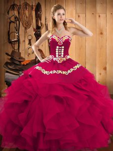 Satin and Organza Sweetheart Sleeveless Lace Up Embroidery and Ruffles 15th Birthday Dress in Fuchsia
