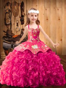 Most Popular Hot Pink Satin and Organza Lace Up High School Pageant Dress Sleeveless Sweep Train Embroidery and Ruffles