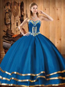 Floor Length Blue Ball Gown Prom Dress Organza Sleeveless Embroidery