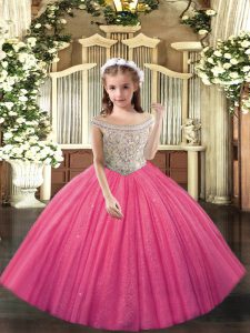 New Arrival Hot Pink Tulle Lace Up Pageant Dress Toddler Sleeveless Floor Length Beading
