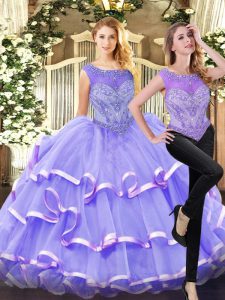 Super Lavender Two Pieces Scoop Sleeveless Organza Floor Length Lace Up Beading and Ruffled Layers Sweet 16 Dress