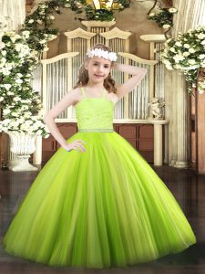 Yellow Green Tulle Zipper Straps Sleeveless Floor Length Kids Formal Wear Beading and Lace