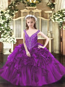 Luxurious V-neck Sleeveless Organza Pageant Gowns Beading and Ruffles Lace Up