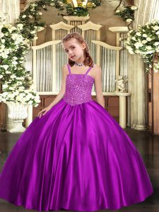 Purple Sleeveless Beading Floor Length Little Girls Pageant Dress