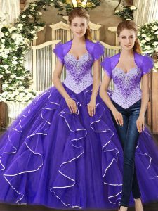 Purple Tulle Lace Up Straps Sleeveless Floor Length Quinceanera Dress Beading and Ruffles
