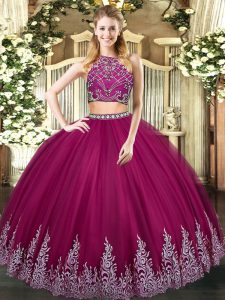 Sleeveless Tulle Floor Length Zipper Quince Ball Gowns in Fuchsia with Beading and Appliques