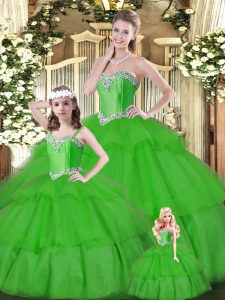 Free and Easy Green Ball Gowns Beading and Ruffled Layers Quince Ball Gowns Lace Up Organza Sleeveless Floor Length