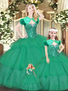 Designer Green Sweetheart Lace Up Beading and Ruffled Layers Sweet 16 Dress Sleeveless