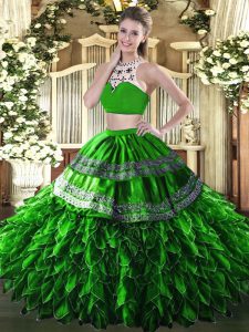 Green High-neck Neckline Beading and Ruffles Ball Gown Prom Dress Sleeveless Backless