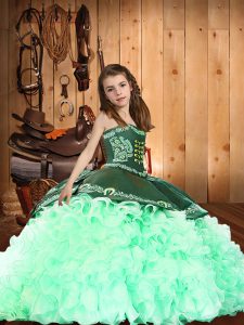 Apple Green Sleeveless Organza Brush Train Lace Up Little Girls Pageant Gowns for Military Ball and Sweet 16 and Quincea